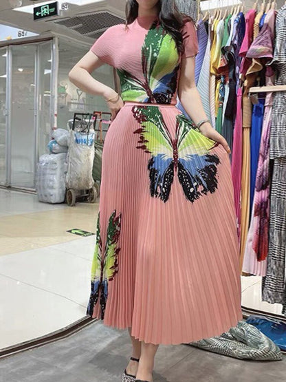Vintage Temperament Gradient Short Sleeve Printed Shirt +  Elastic Waist Pleated Skirt Women 2 Piece Set