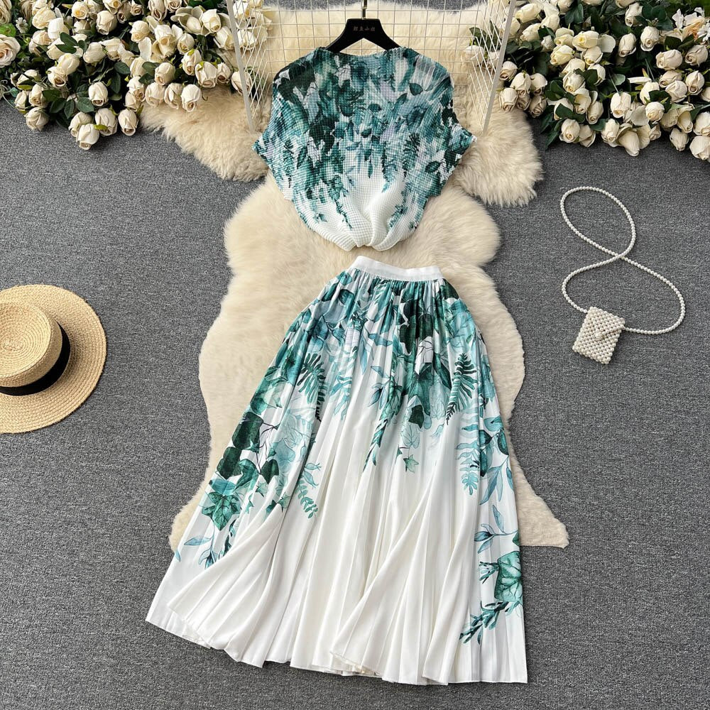 [EWQ] Elegant Short sleeved women's shirt+high waisted pleated skirt trend  2-piece set Summer vacation party clothing