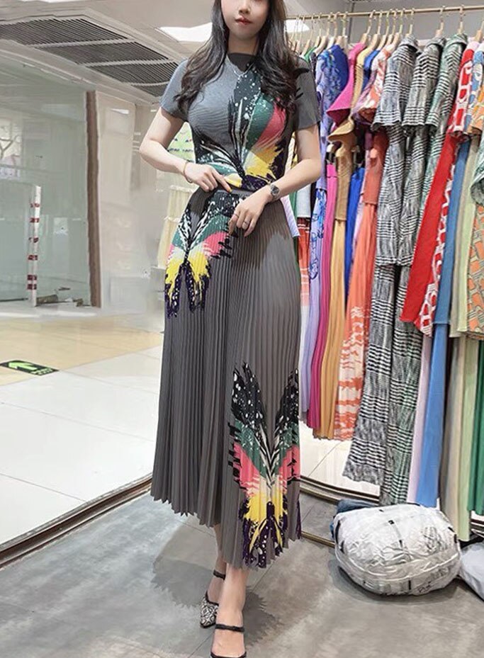 Vintage Temperament Gradient Short Sleeve Printed Shirt +  Elastic Waist Pleated Skirt Women 2 Piece Set