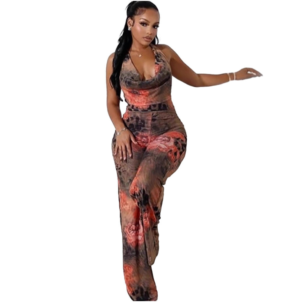 Leopard Print Floral Placement Print Halter Bodysuit for Women