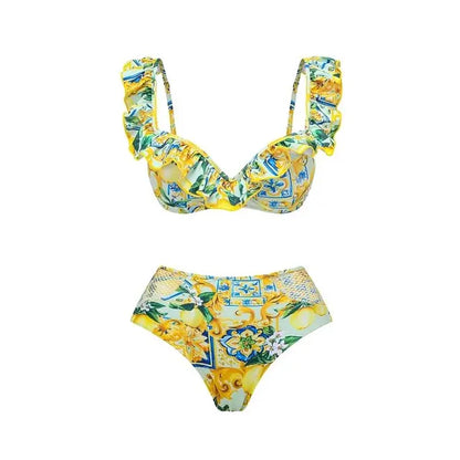 Women FashionBlue Mediterranean Print Bikini Swimsuit and Mesh Splicing Sarong Summer Swimwear  Beachwear Bathing Suit