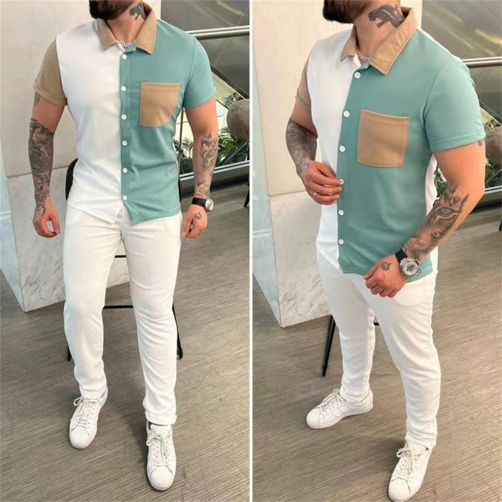 Color blocked men's shirt short sleeved pants casual sports suit
