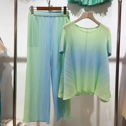Pleated Gradient Set For Women Short Sleeves Loose Shirts With Wide Leg Pants Female Elegant Clothing Summer