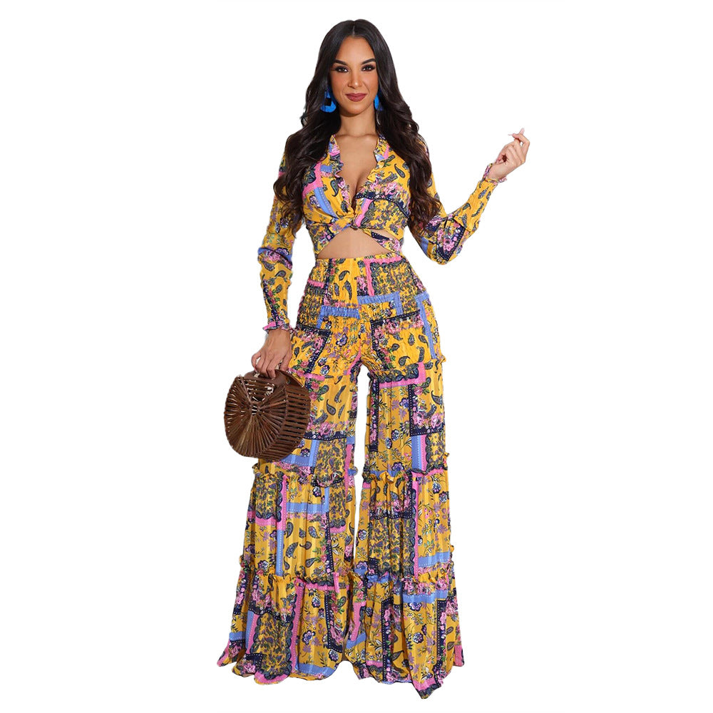 Chiffon Print Long Sleeve Wide Leg Irregular Ladies Casual Suit