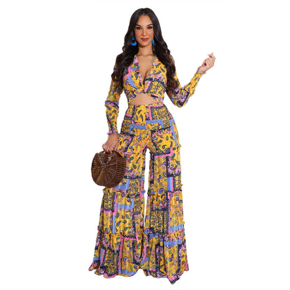 Chiffon Print Long Sleeve Wide Leg Irregular Ladies Casual Suit