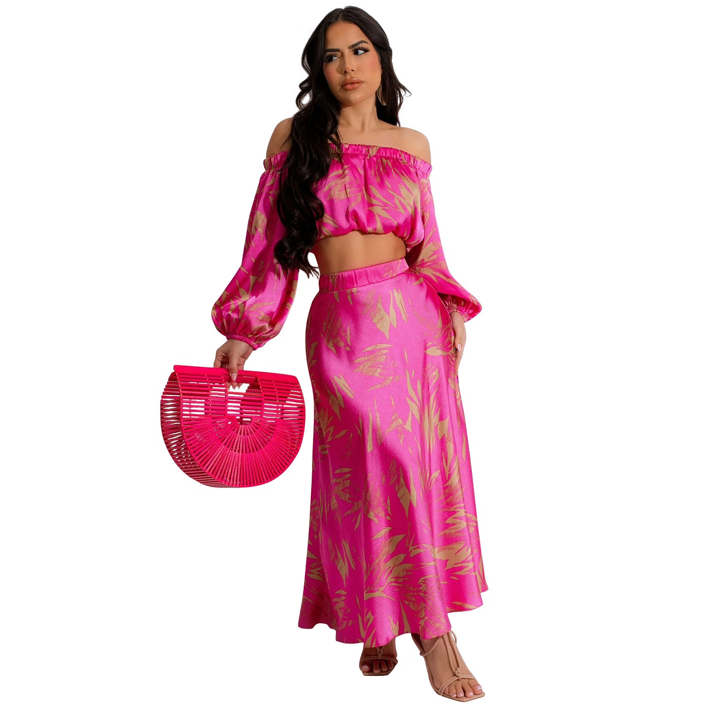 Women's Printed Sexy Long Sleeve Crop Top and Long Skirt Two-Piece Set