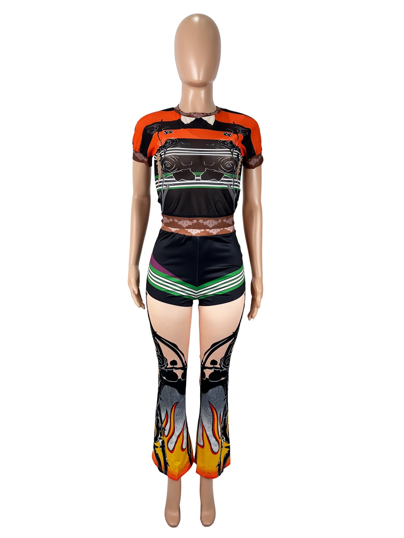 Sheer Mesh Round Neck Pullover Elastic High Waist Flared Set