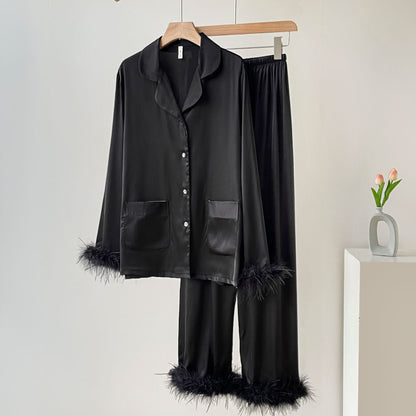 Lady's Luxurious Feather Ice Silk PajamasAutumn Elegant Satin Home Wear Suitable for Outerwear, Spring and Autumn