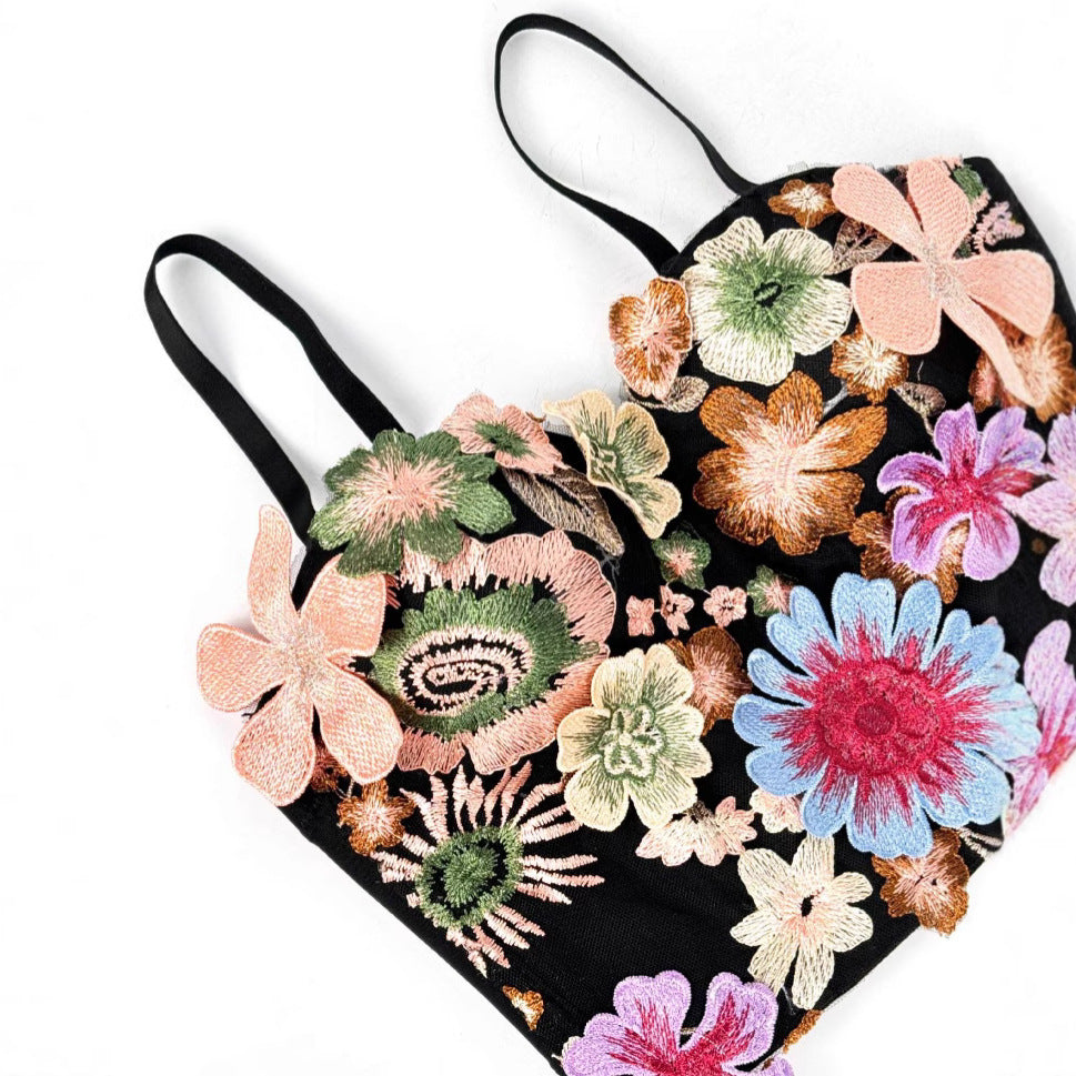 Vintage Embroidered Floral Tube Top with Built-in Pads and Boning Support