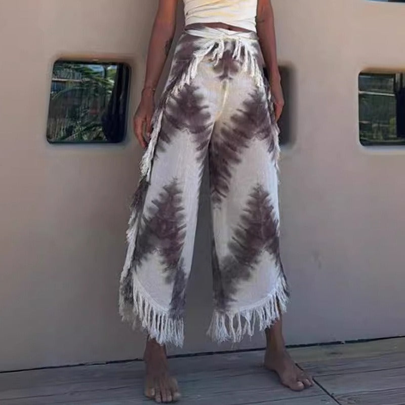 European and American women's clothing temperament printed vest tassel jacket casual three piece set women's summer pants