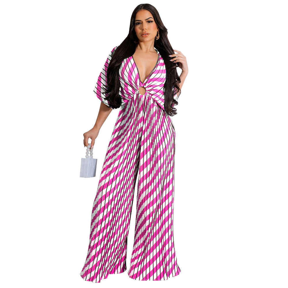 V-neck pleated jumpsuit for women