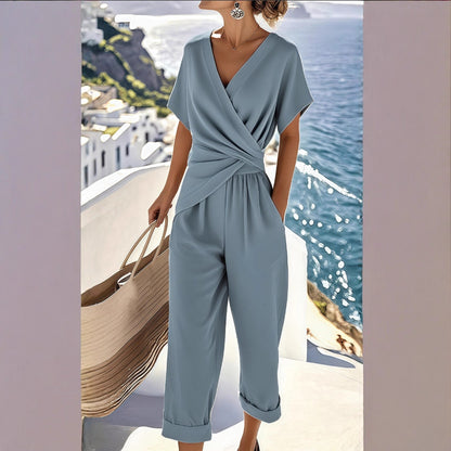 Solid color irregular short sleeved set