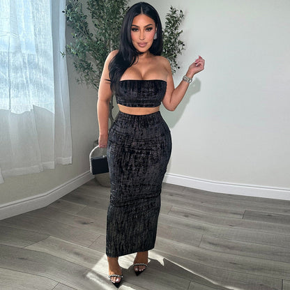 Open navel shiny silk strapless skirt set for women