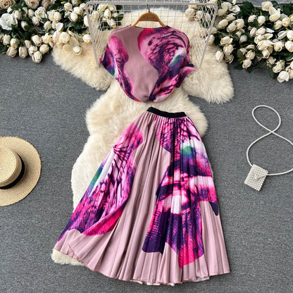 Printed Suit Women's Summer New High Waist Pleated Large Swing Skirt Slim Fit Temperament Top Two-Piece Set