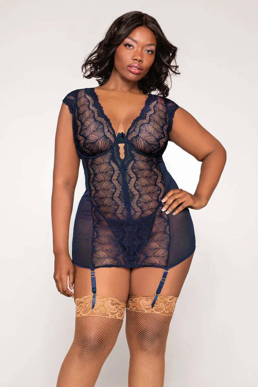 Patterned Navy Garter Chemise