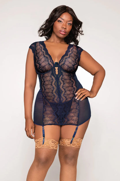 Patterned Navy Garter Chemise