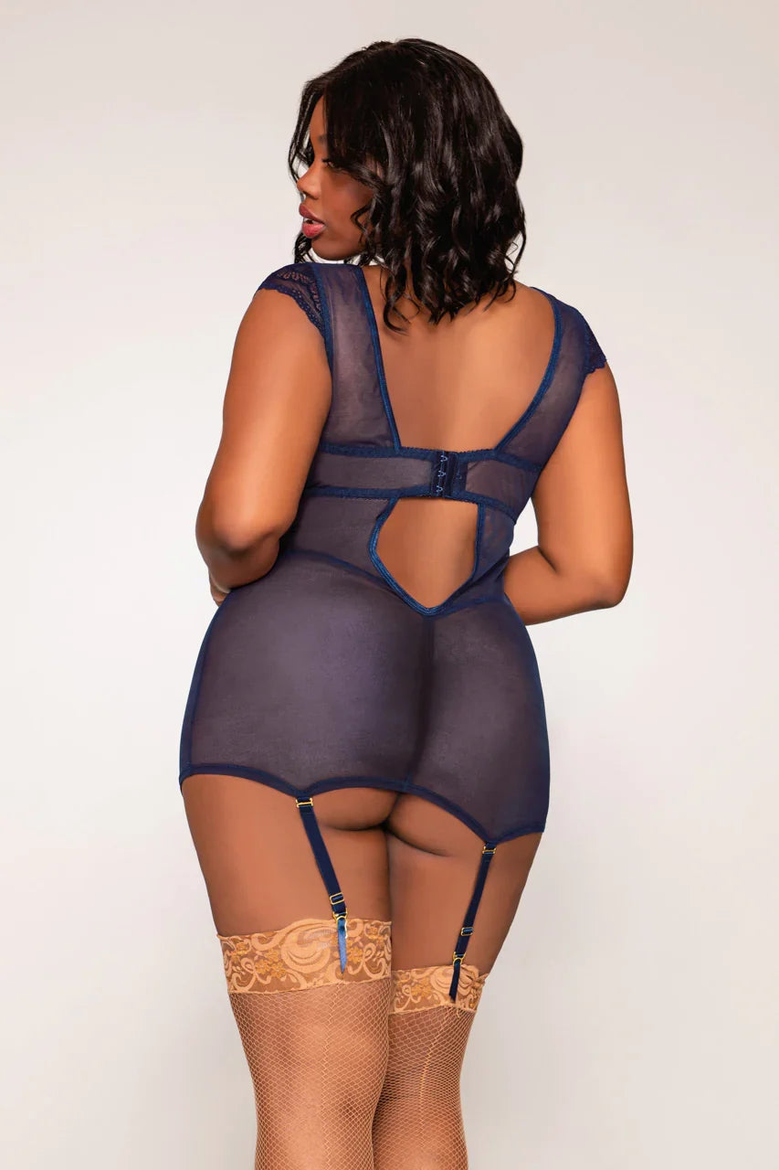Patterned Navy Garter Chemise