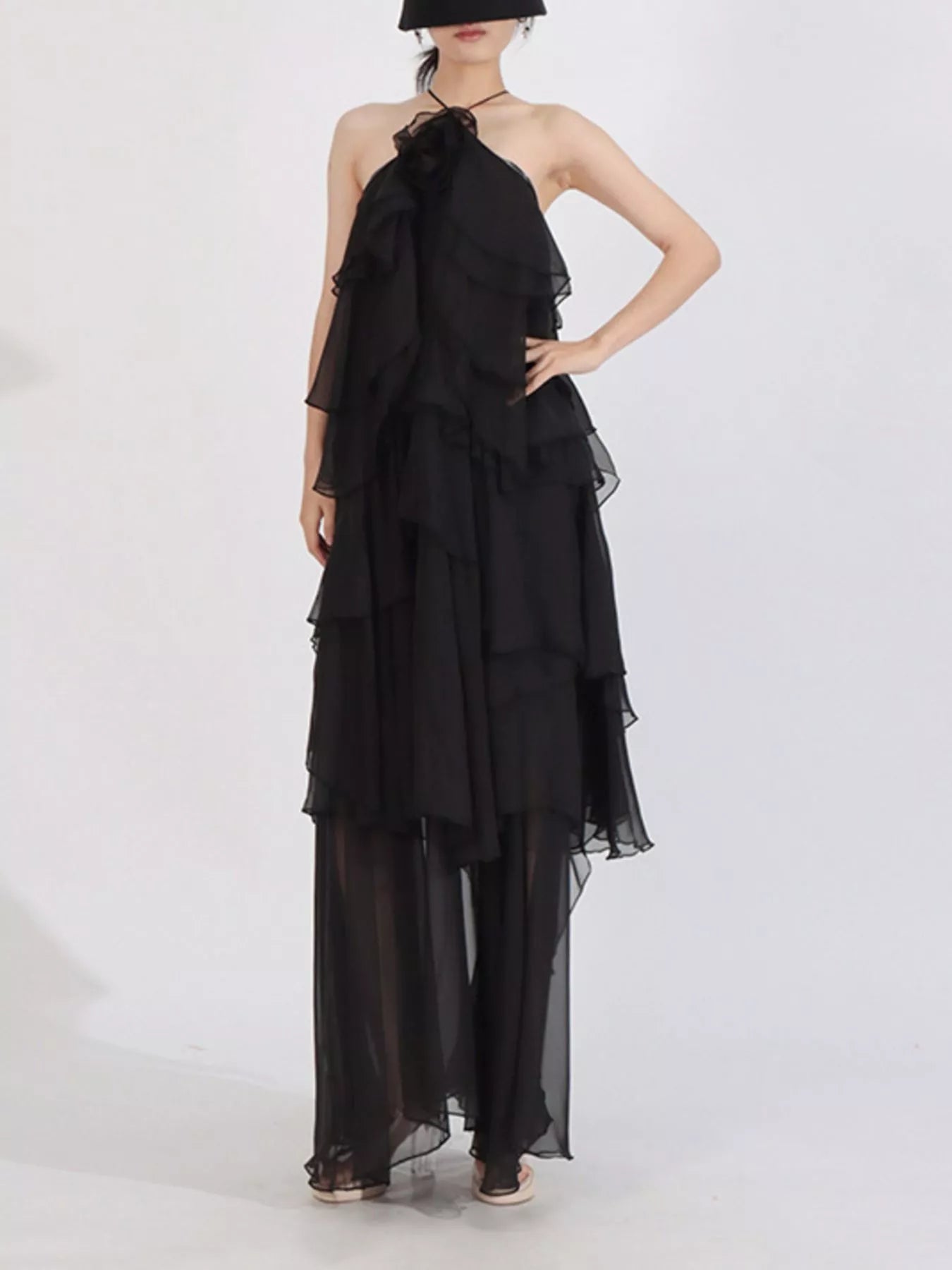 Ruffled Chiffon Halter Neck Maxi Dress - Black - Styled Full Length Front View
