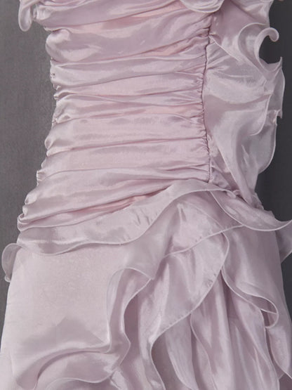Ruffled High-Low Strapless Dress - Purple - Ruched Bodice and Ruffle Detail View
