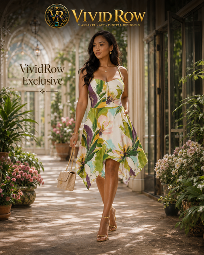 A woman walks through a sunlit greenhouse corridor wearing a floral spaghetti-strap dress. The image includes the brand logo 'Vivid Row' at the top and 'VividRow Exclusive' text on the left.