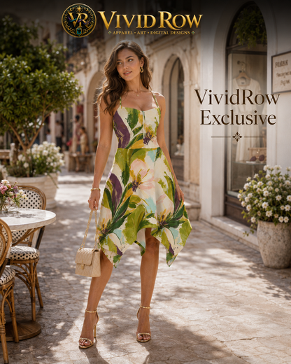 A woman models a floral print midi dress in an outdoor, sunlit European-style street setting. The dress features a green, yellow, and white tropical floral pattern with purple accents.