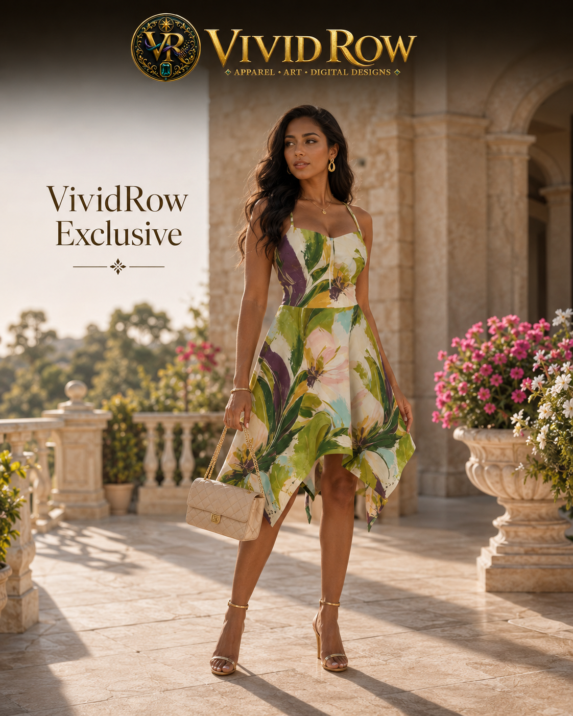 A woman models a sleeveless high-low dress with a tropical floral print in green, yellow, and purple on a cream base. She is standing on a sunlit stone terrace with a garden view, holding a beige handbag.