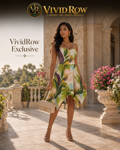 A woman models a sleeveless high-low dress with a tropical floral print in green, yellow, and purple on a cream base. She is standing on a sunlit stone terrace with a garden view, holding a beige handbag.