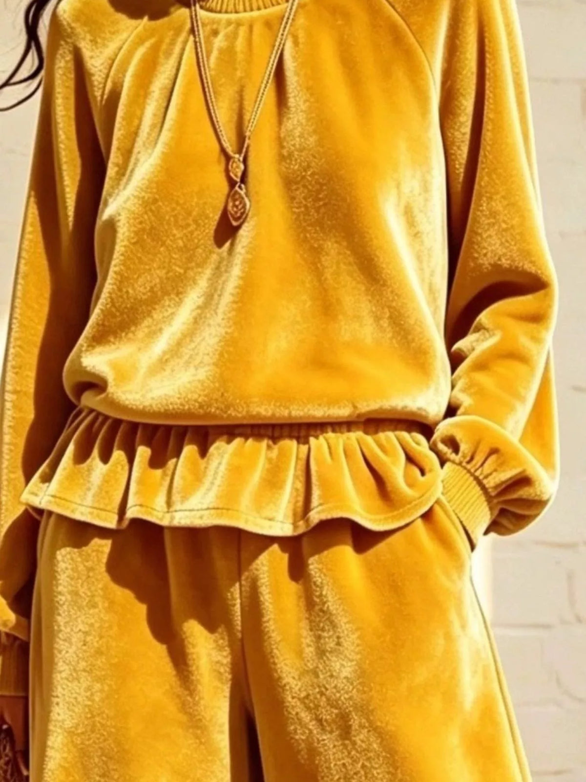 Velvet Peplum Top and Wide-Leg Pants Set - Gold - View 3