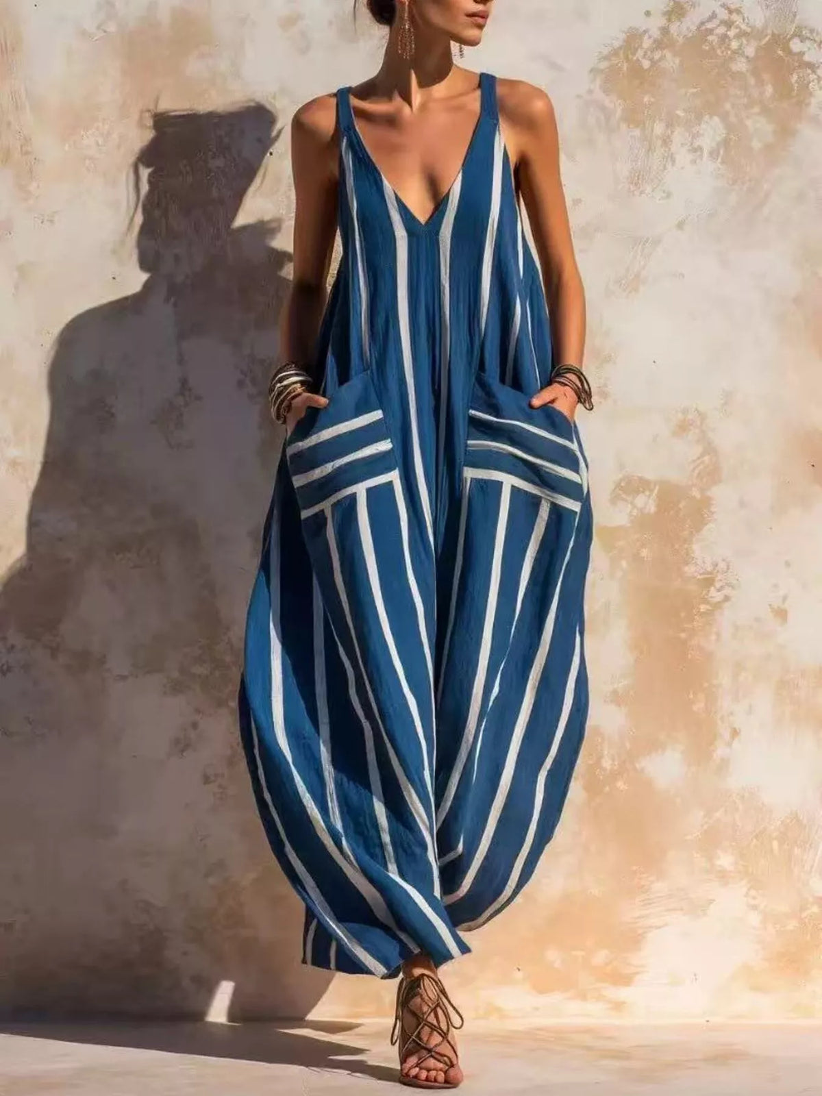 Striped V-Neck Sleeveless Wide-Leg Jumpsuit - Dusty Blue - View 1