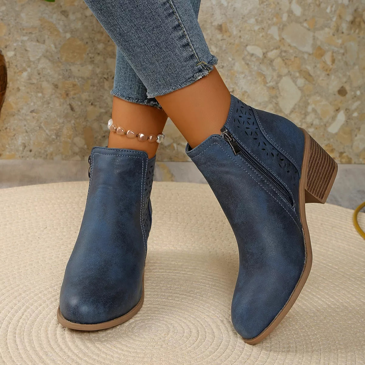 Point Toe Block Heels Boots - Blue - View 16