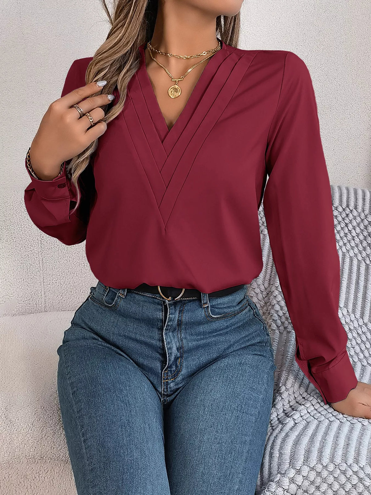Layered V-Neck Long Sleeve Blouse - Burgundy - View 26