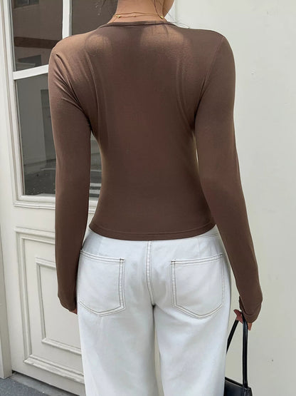 Lace-Trimmed V-Neck Long Sleeve T-Shirt - Brown - View 5