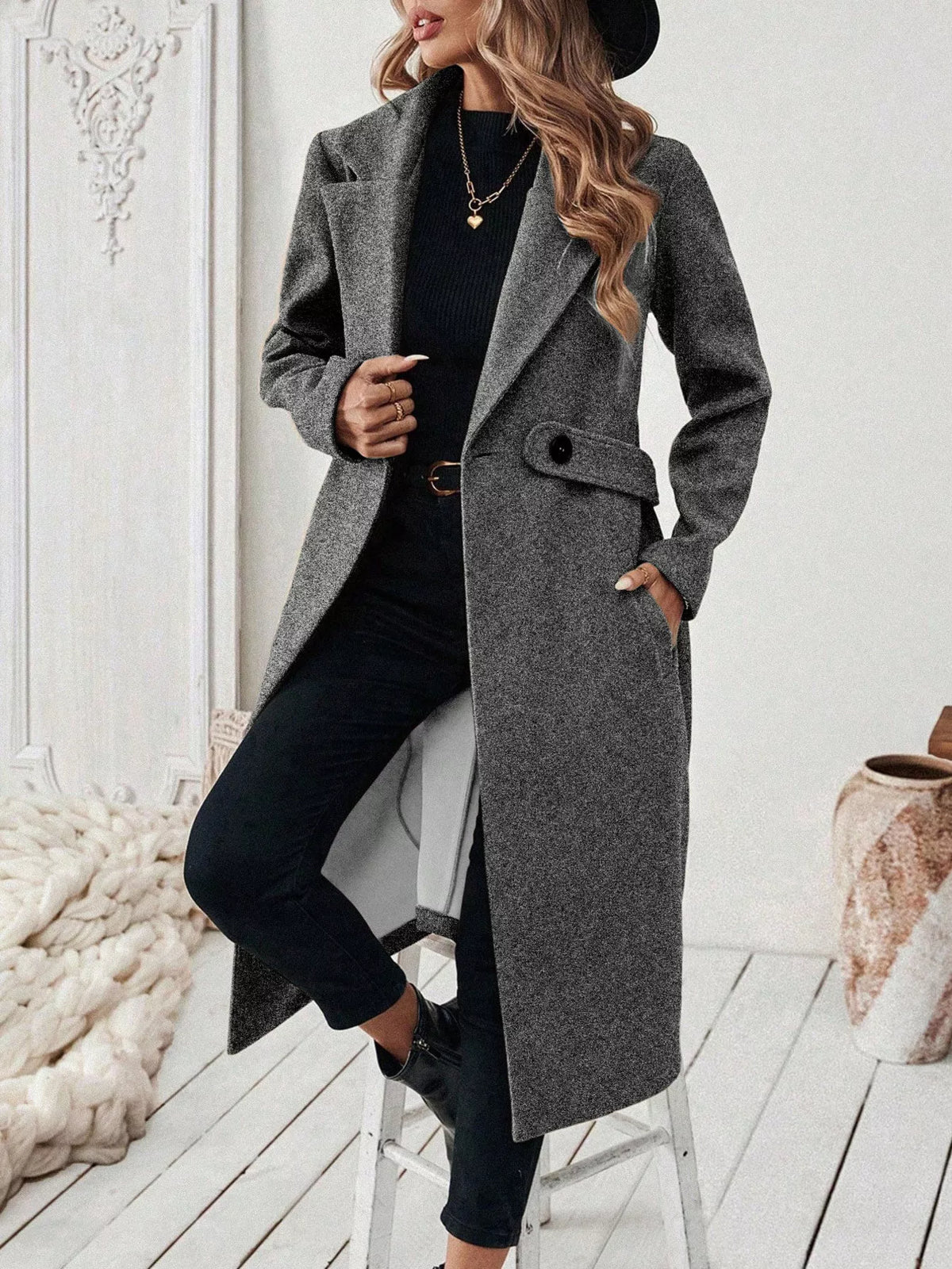 Lapel Collar Longline Coat - Dark Gray - View 3