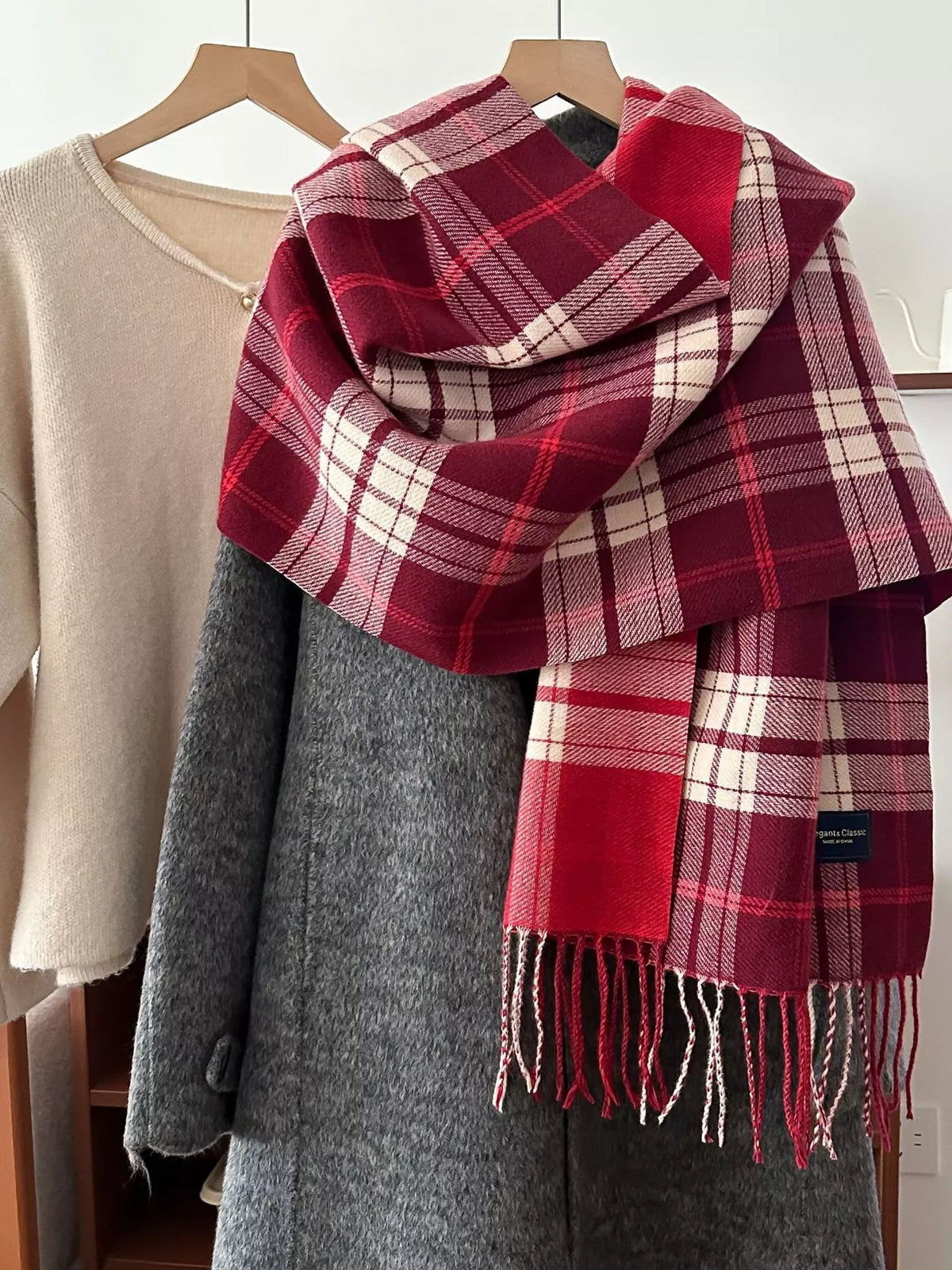 Classic Fringe Plaid Scarf - Red - View 1