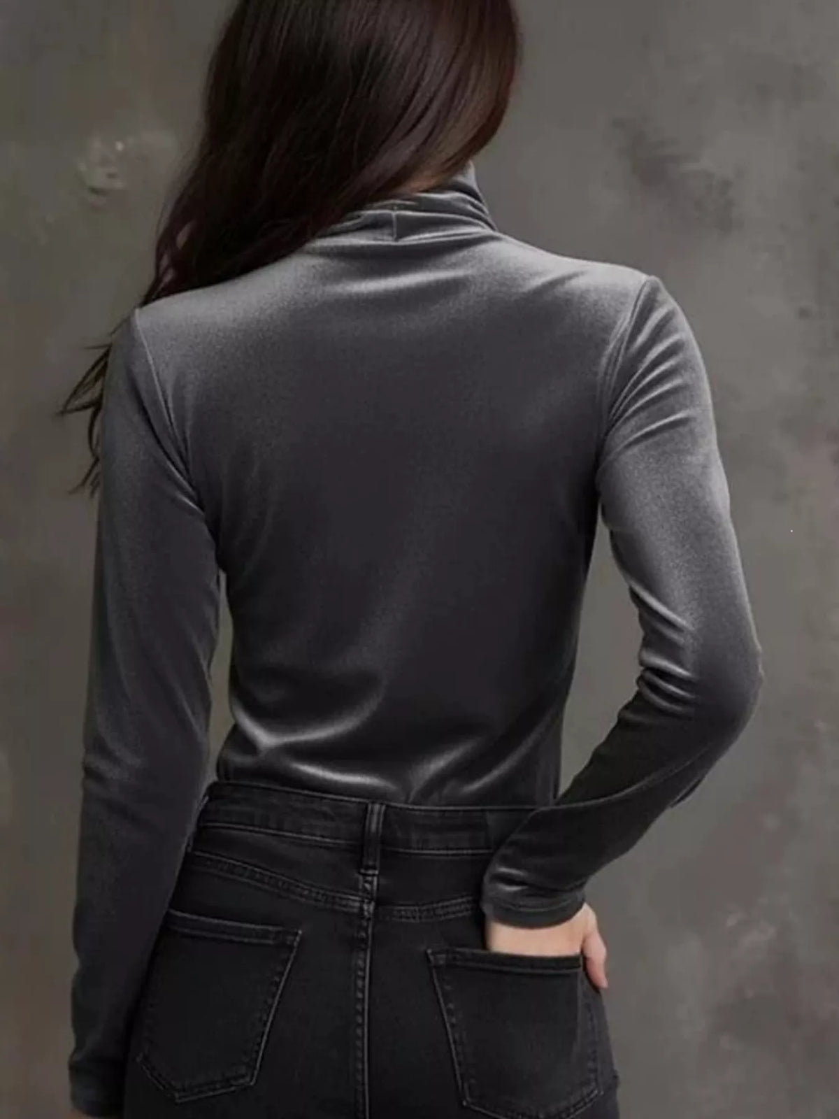 Full Size Velvet Turtleneck Long Sleeve T-Shirt Plus Size - Gray - View 2