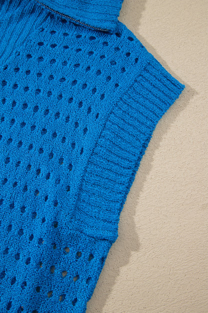Sky Blue Cutout Knit Zip-Collar Top - Sky Blue - View 12