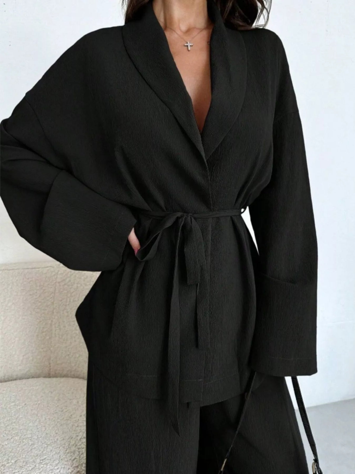 Front Tied Shirt and Wide-Leg Pants Set - Black - View 8