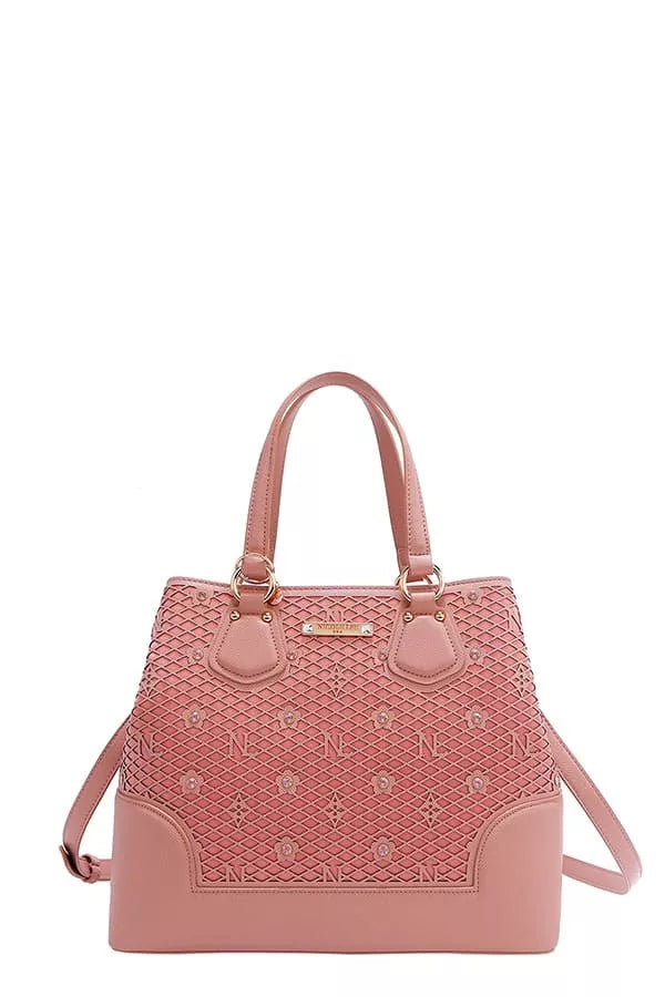 Nicole Lee USA Monogram Pattern Handbag with Rhinestones Decor - PINK - View 1