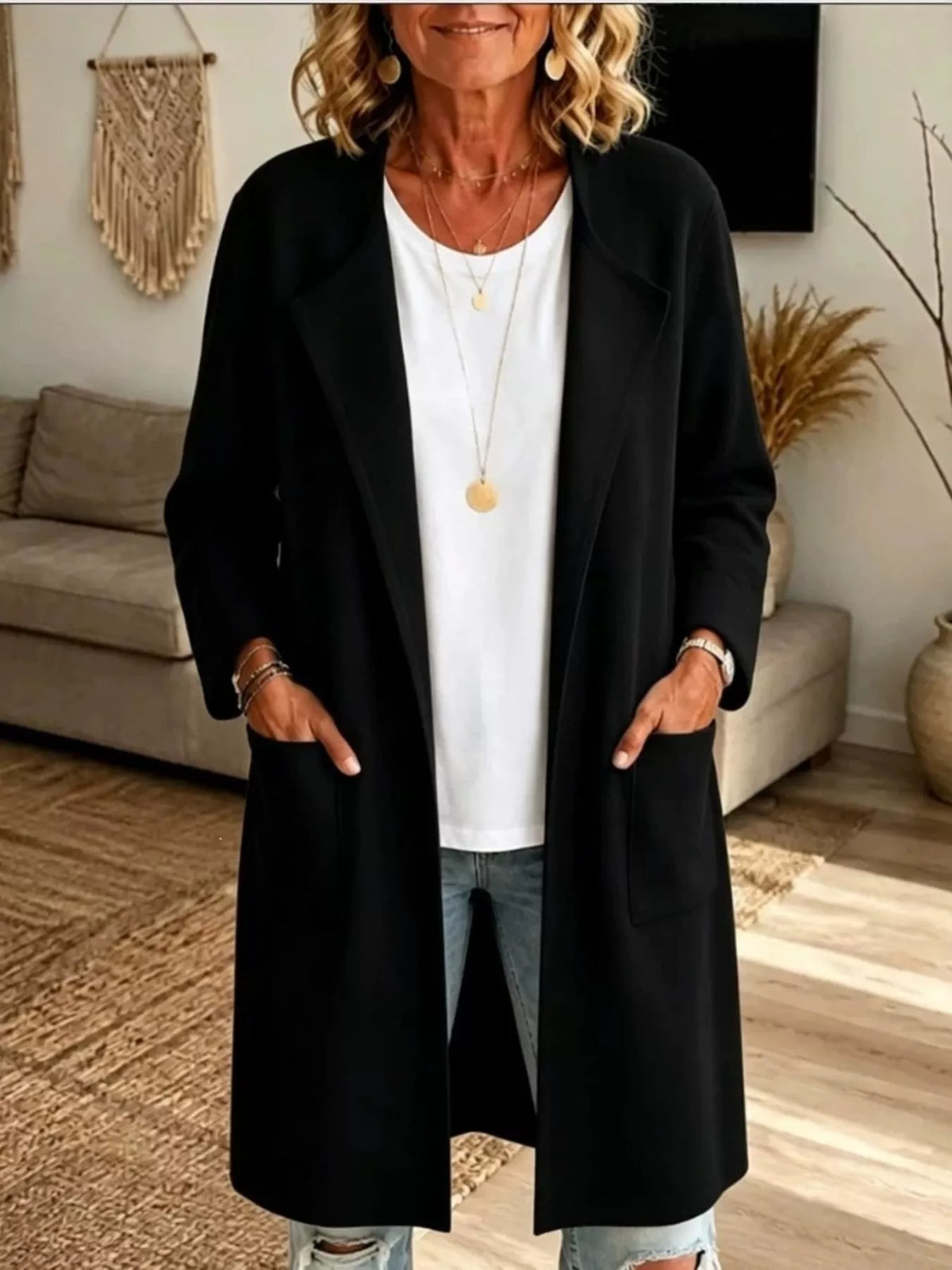 Full Size Open-Front Longline Knit Outerwear Plus Size - Black - View 6