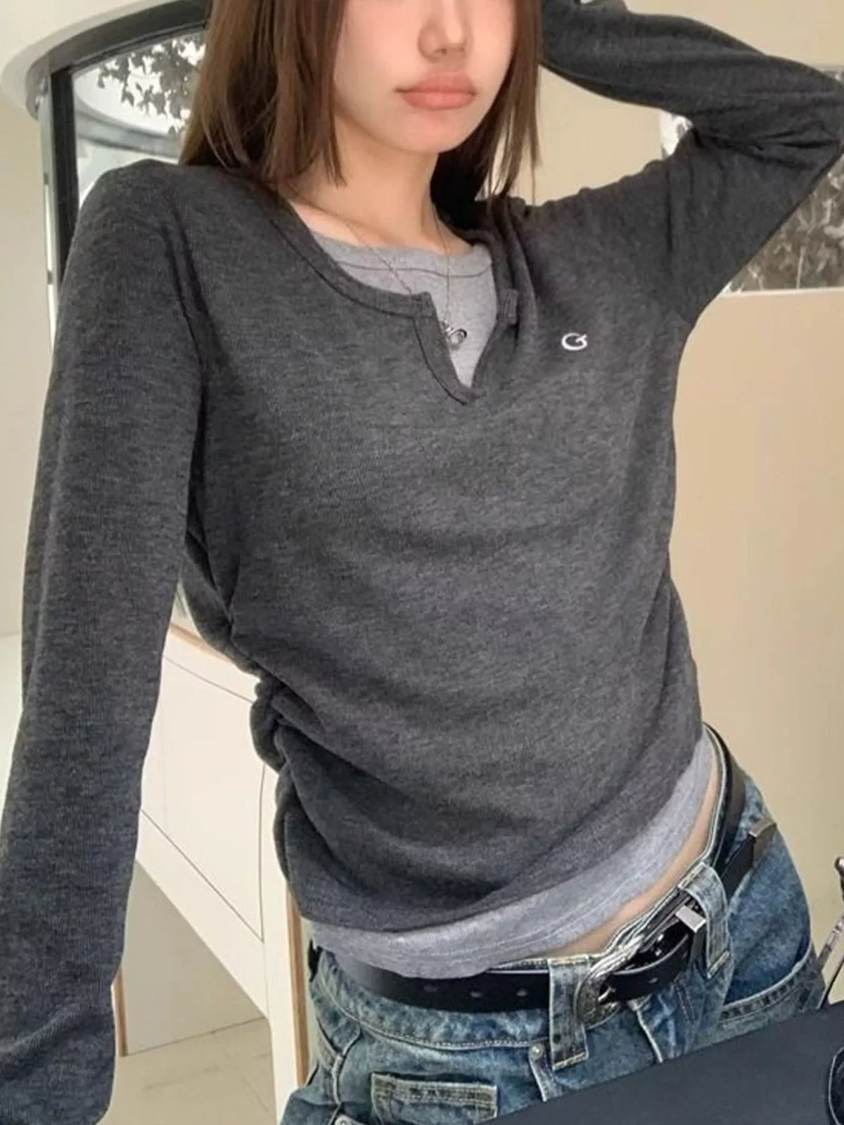 Layered Look Long Sleeve T-Shirt - Dark Gray - View 2
