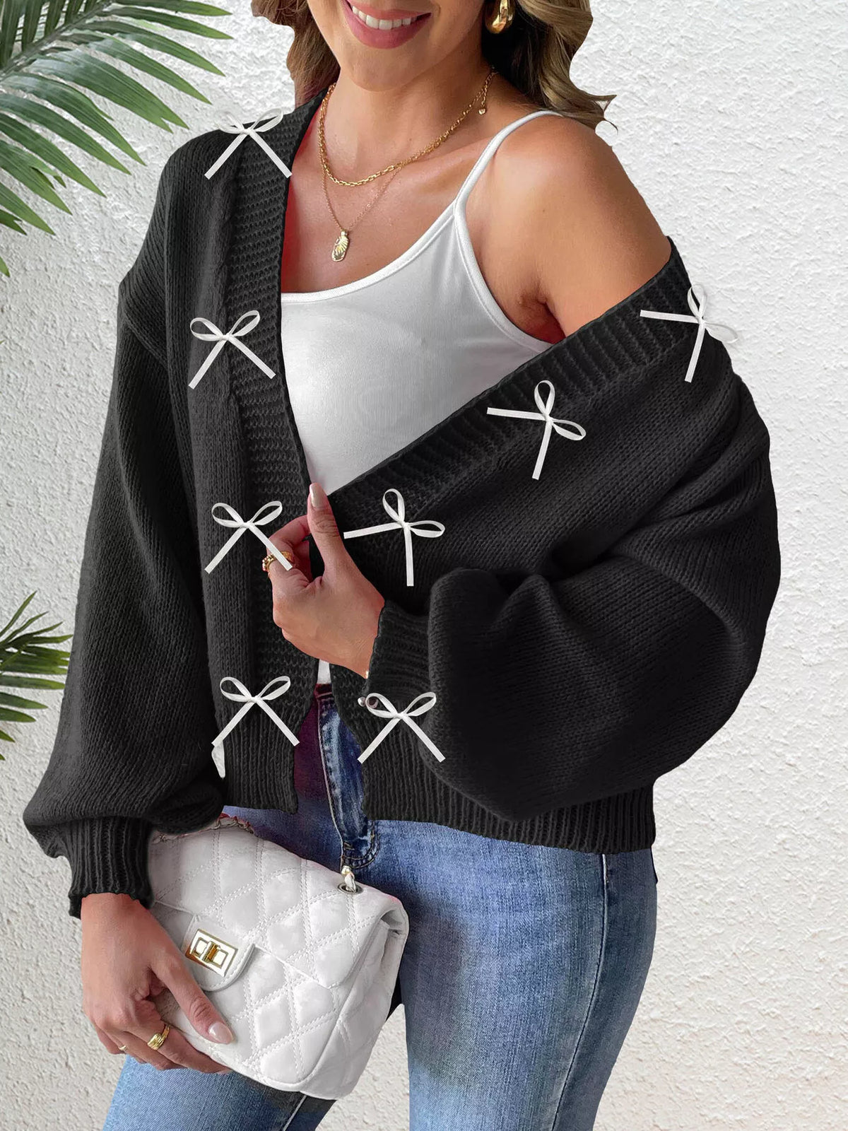 Bow-Tie Open Front Knit Cardigan - Black - View 3