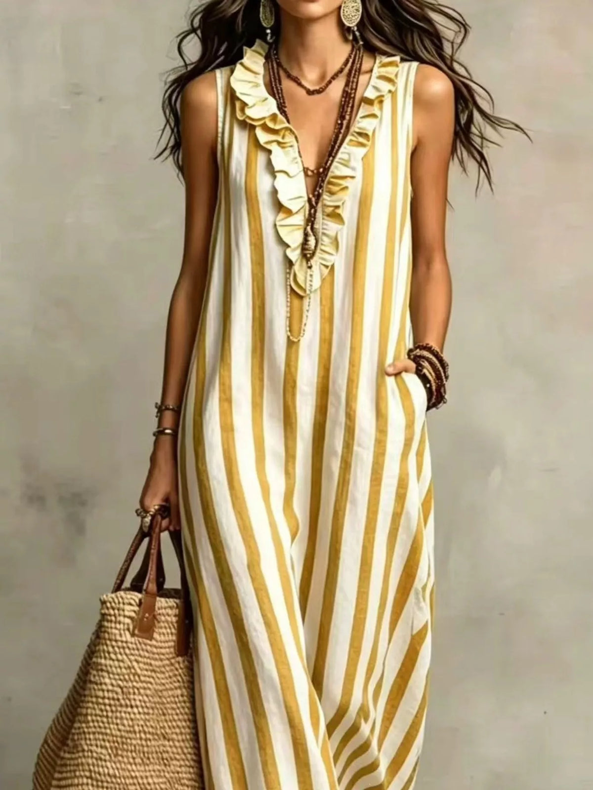 Full Size Sleeveless Striped Ruffle V-Neck Maxi Dress Plus Size - Yellow - View 2