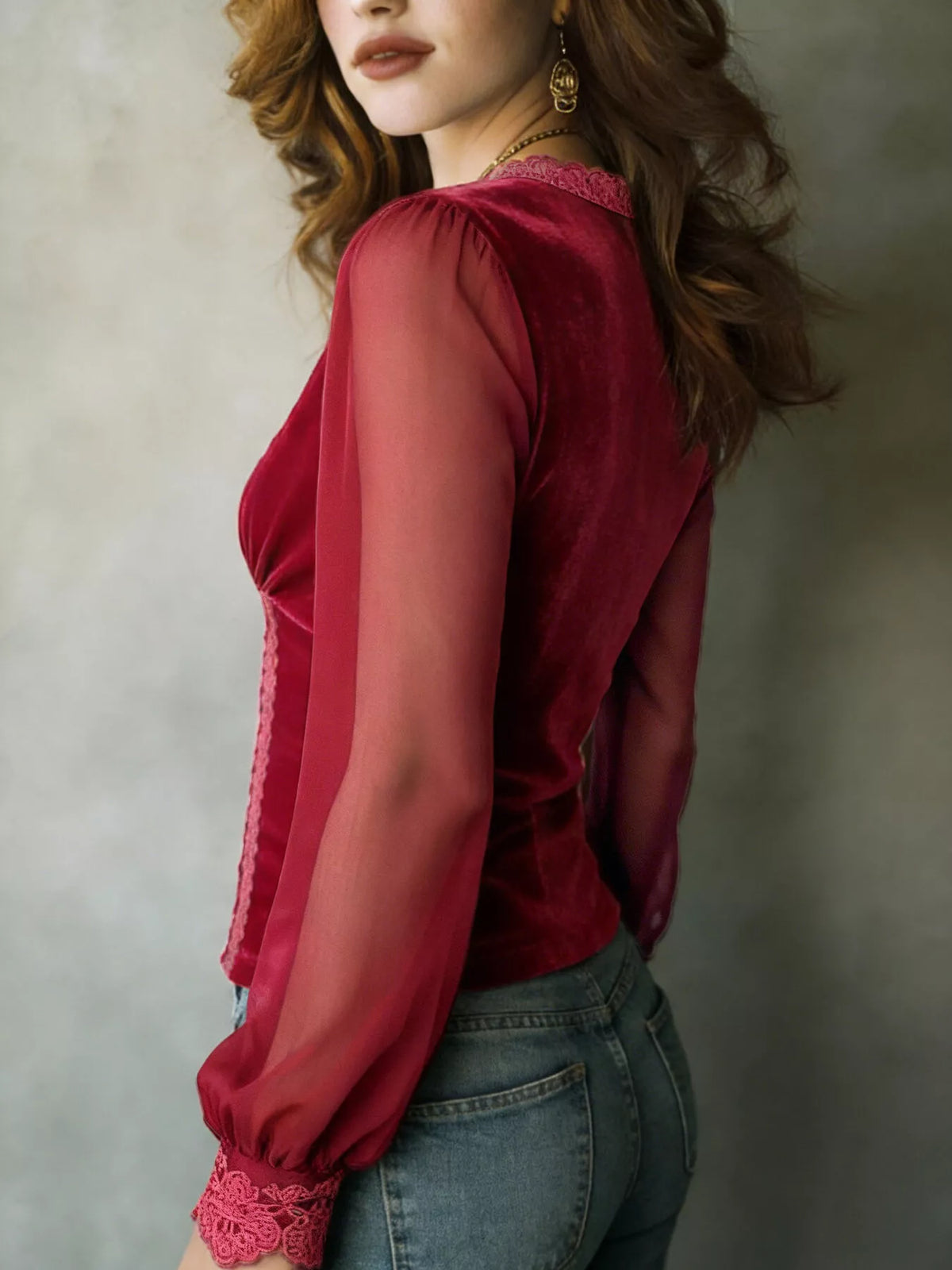 Lace Trim Sheer Long Sleeve Blouse - Burgundy - View 2