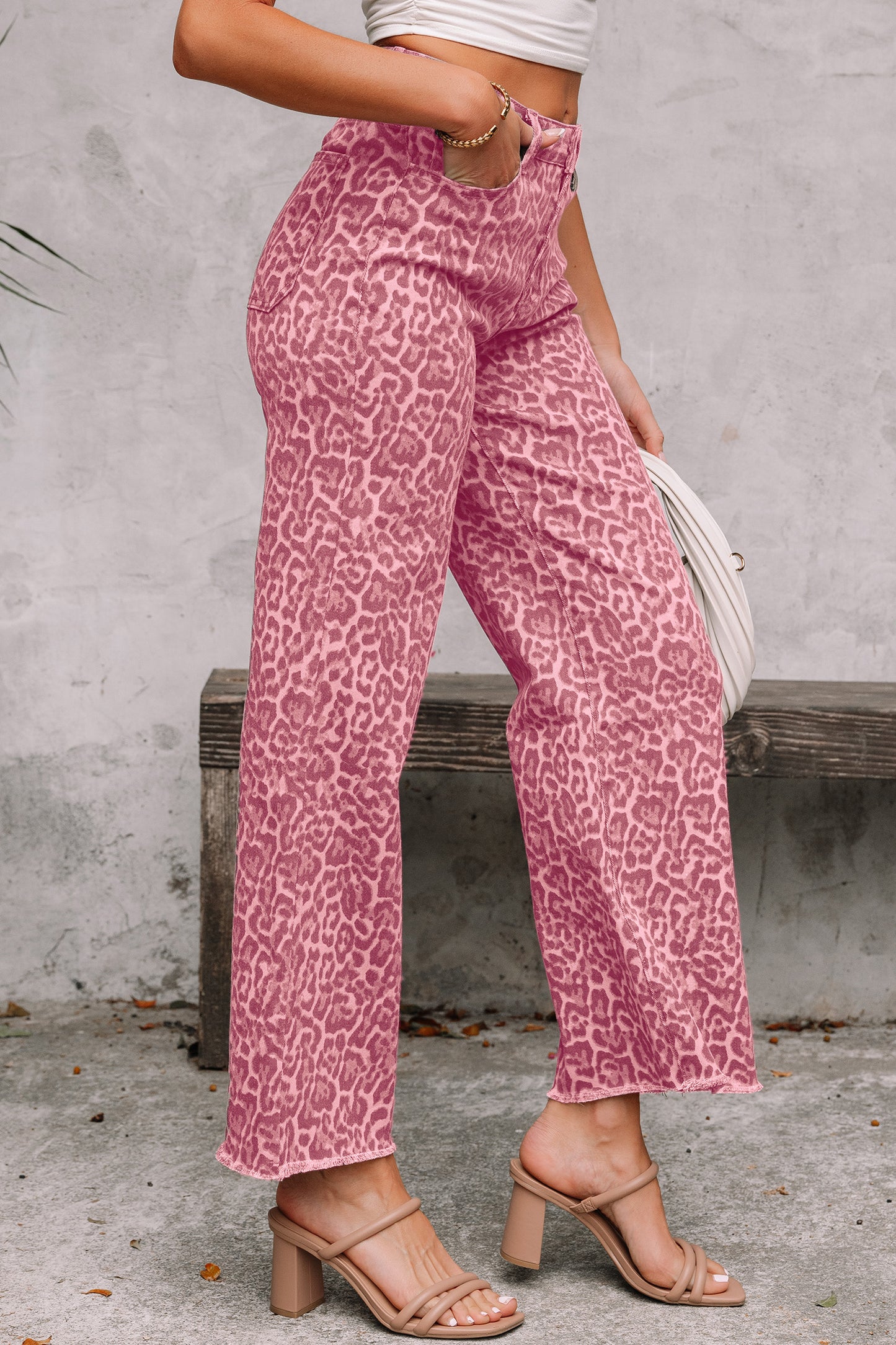 Gray Leopard Frayed Edge Wide Leg High Waist Jeans