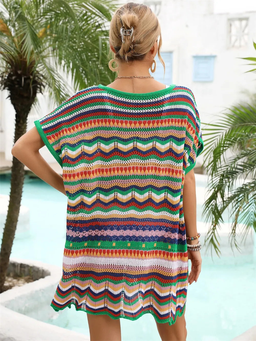 Angel Wings Rainbow Stripe Scalloped V-Neck Cover-Up Dress - Multicolor - View 17
