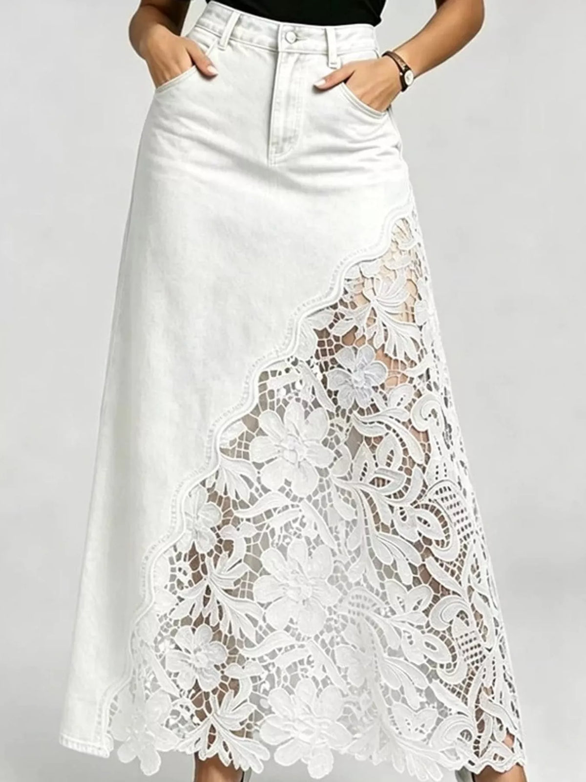 Full Size High-Waisted Lace Denim Skirt Plus Size - White - View 1