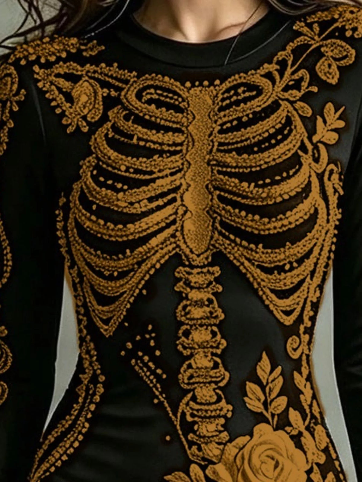 Skeleton Floral Long Sleeve Bodycon Dress - Gold - View 10