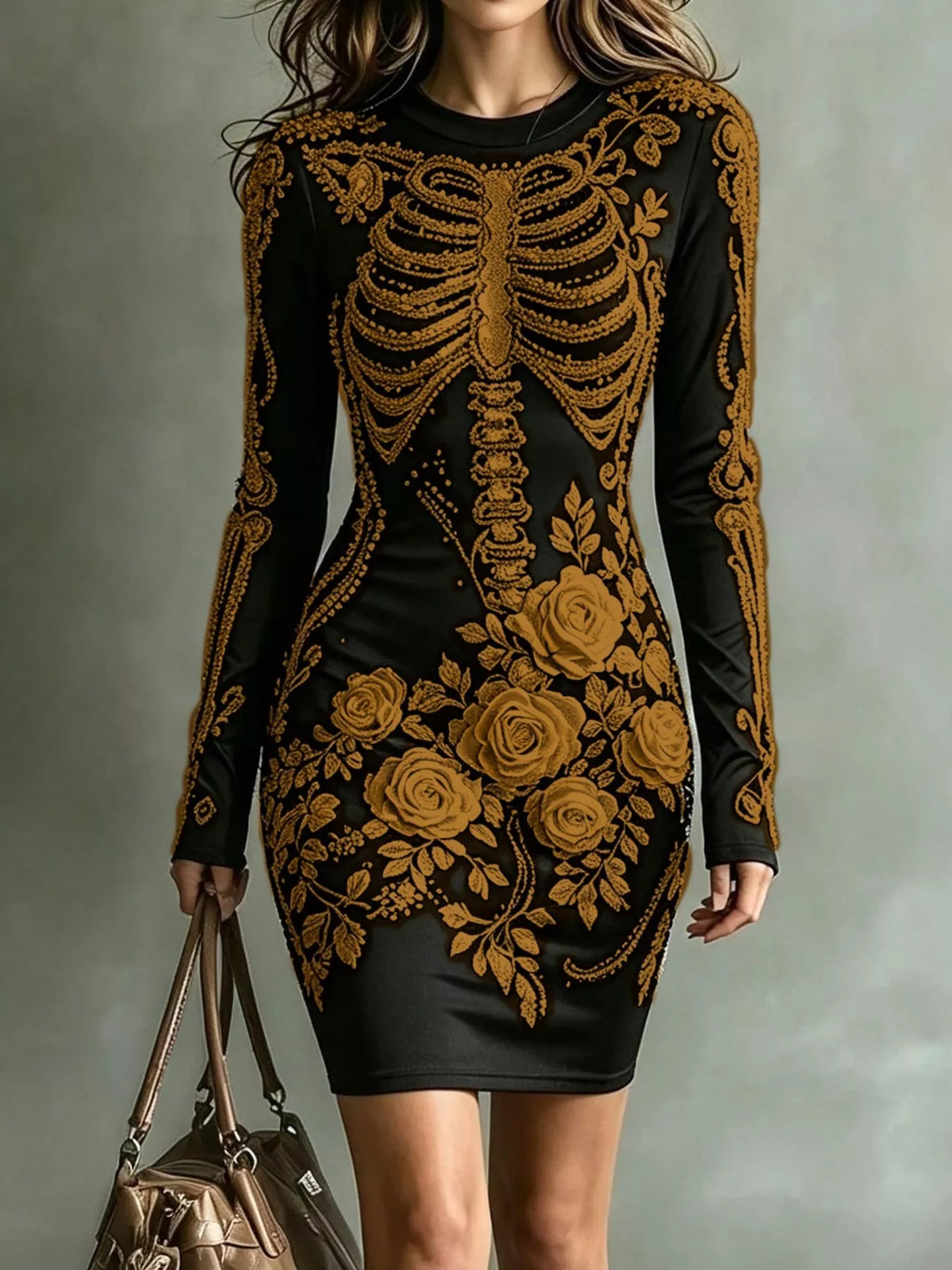 Skeleton Floral Long Sleeve Bodycon Dress - Gold - View 9
