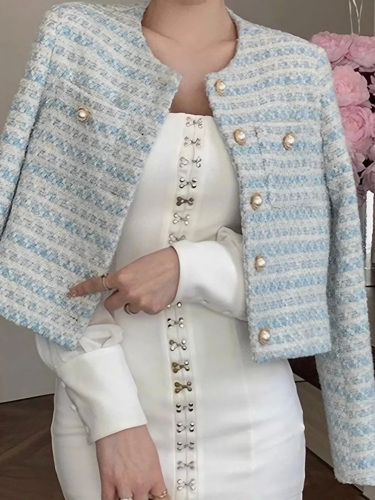 Button Up Cropped Tweed Outerwear - Light Blue - View 2