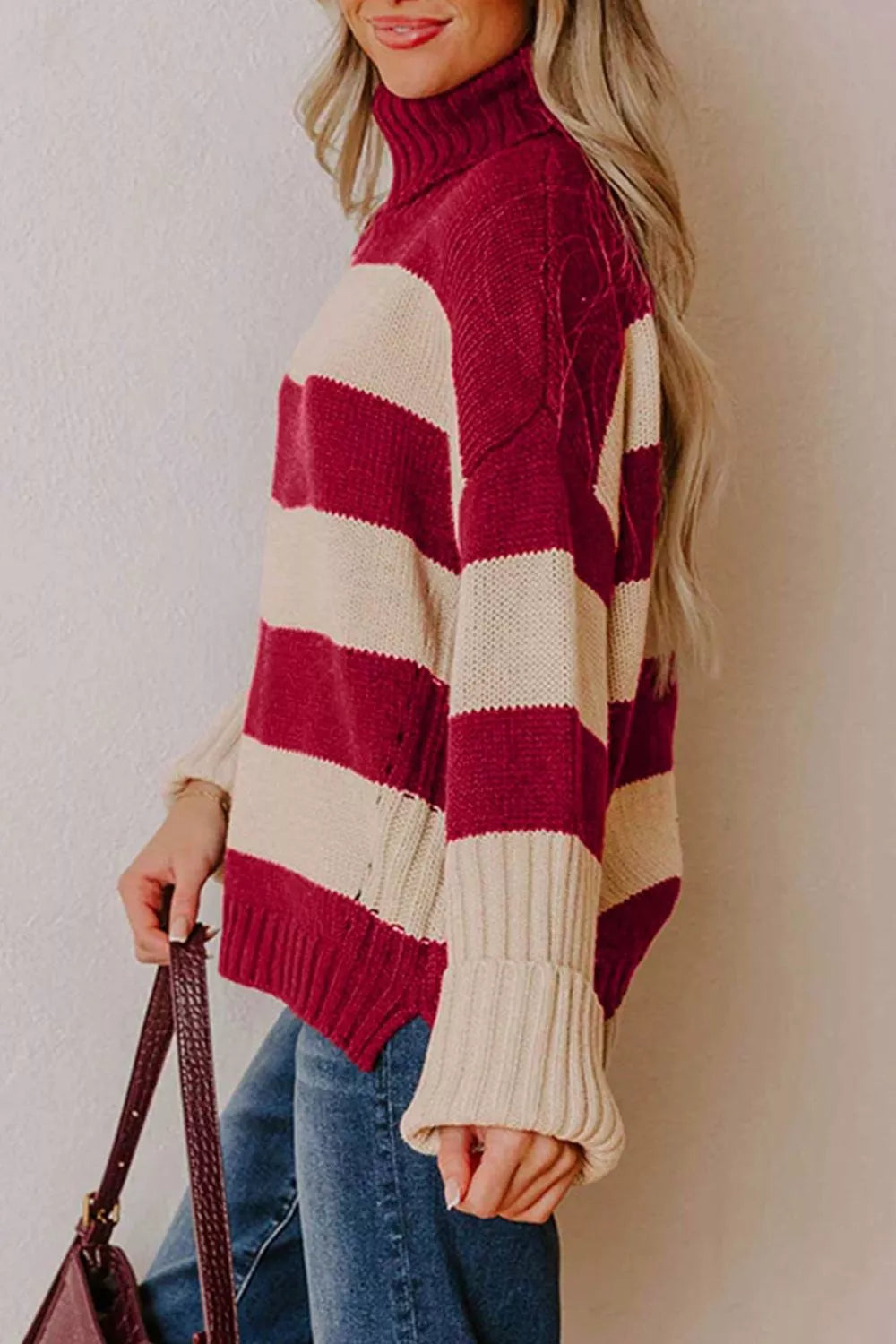 Stripe Ribbed Trim High Neck Relaxed Pullover Sweater - Burgundy - View 3